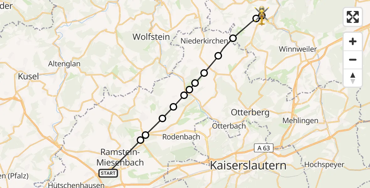 Flugroute Rettungshubschrauber Ramstein-Miesenbach - Imsweiler UL, 13 Mai 2026, 07:12