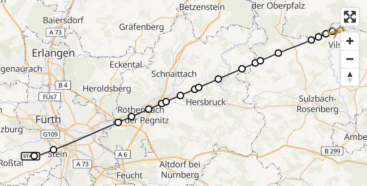 Flugroute Ambulanzhubschrauber Zirndorf - Vilseck, 13 Mai 2026, 07:18
