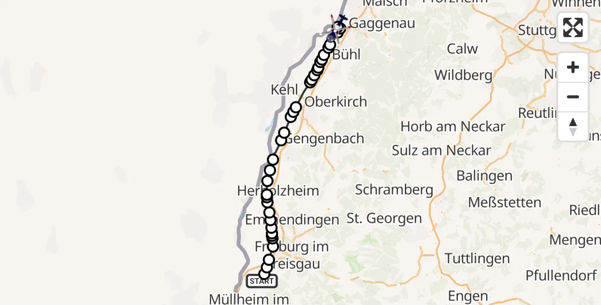 Flugroute Polizeihubschrauber Bad Krozingen - Karlsruhe Baden-Baden Flughafen, 13 Mai 2026, 07:26