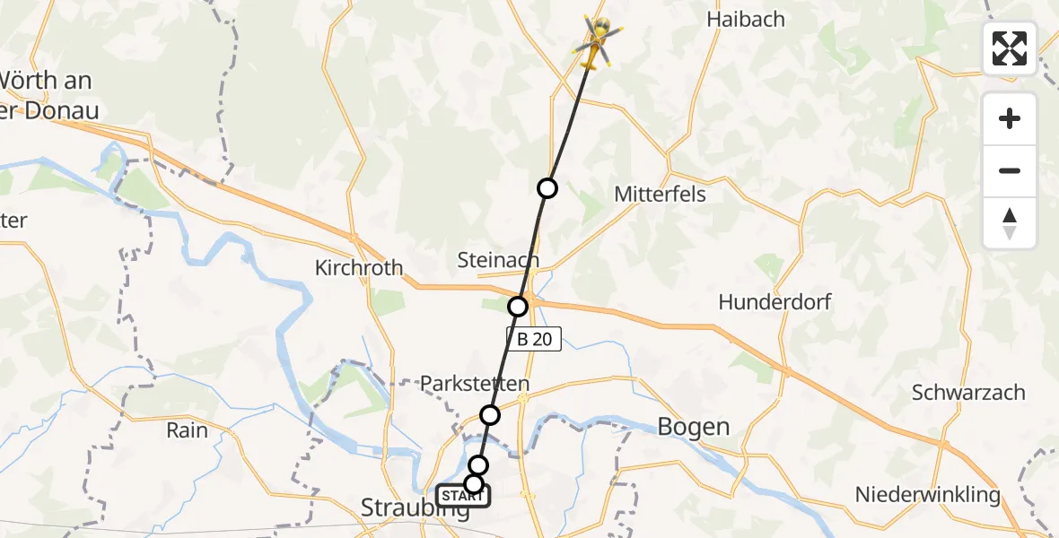 Flugroute Rettungshubschrauber Sankt Elisabeth Hospital Straubing - Rattiszell, 13 Mai 2026, 07:30