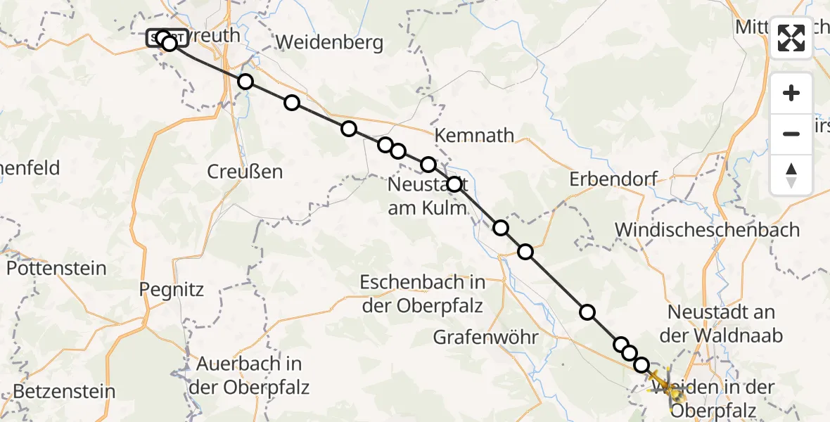 Flugroute Rettungshubschrauber Bayreuth Hospital - Weiden i.d.OPf., 13 Mai 2026, 07:31