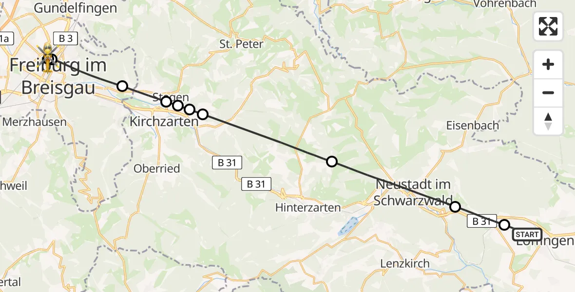 Flugroute Rettungshubschrauber Löffingen - Freiburg University Hospital Heliport 1, 13 Mai 2026, 07:33