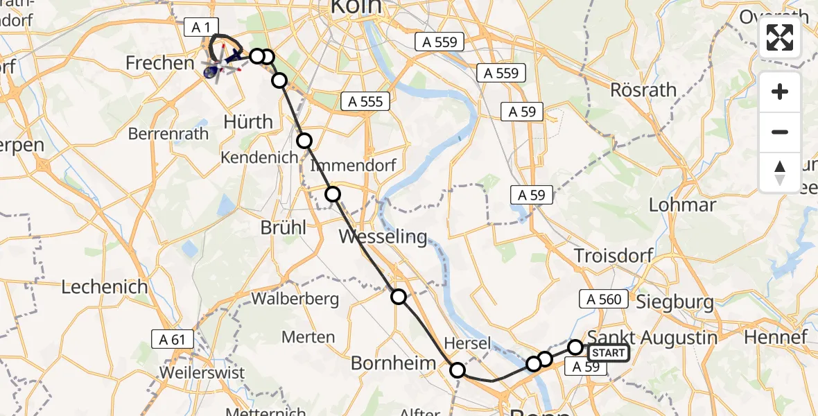 Flugroute Polizeihubschrauber Sankt Augustin - Köln, 13 Mai 2026, 07:36