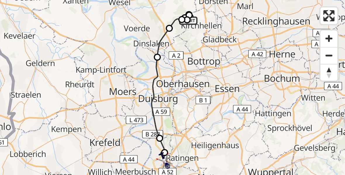 Flugroute Polizeihubschrauber Bottrop - Düsseldorf Flughafen, 13 Mai 2026, 07:38