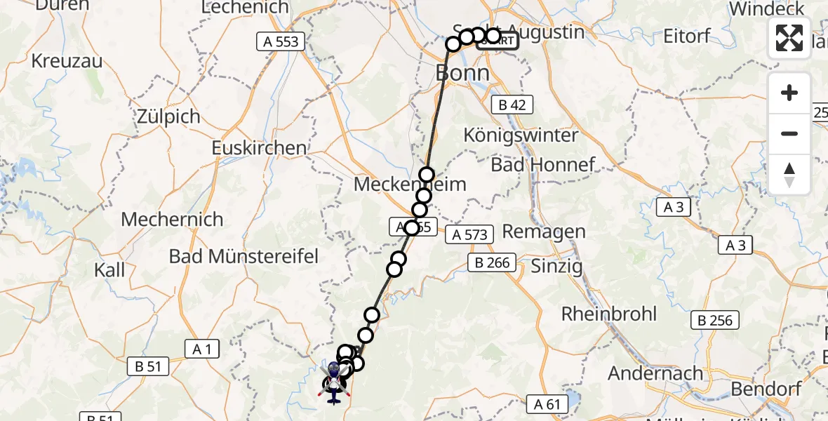 Flugroute Polizeihubschrauber Bonn-Hangelar Flugplatz - Dümpelfeld, 13 Mai 2026, 07:42