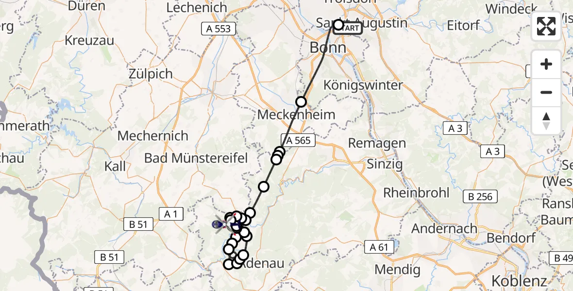 Flugroute Polizeihubschrauber Sankt Augustin - Wershofen, 13 Mai 2026, 07:42