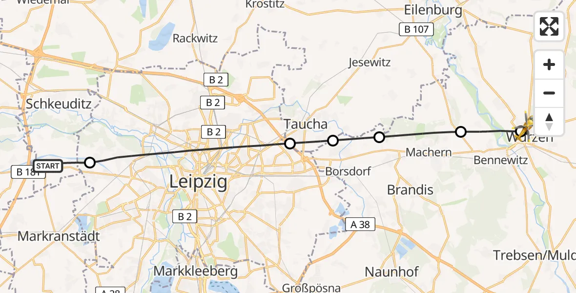 Flugroute Rettungshubschrauber Schkeuditz - Wurzen Hospital Hubschrauberlandeplatz, 13 Mai 2026, 07:44