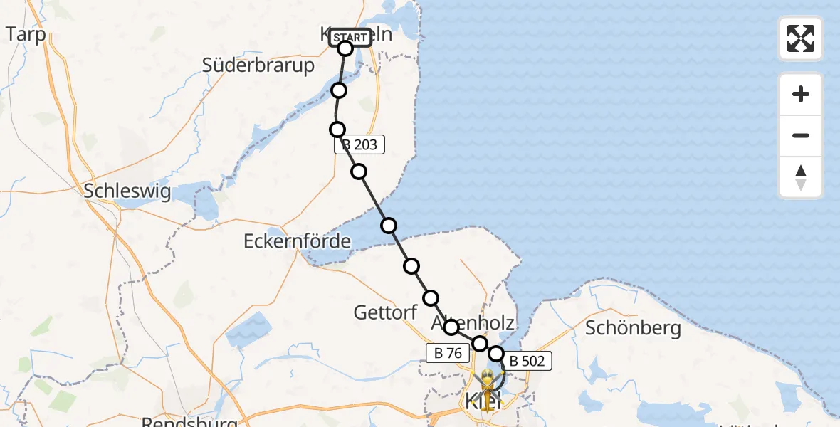 Flugroute Rettungshubschrauber Kappeln - Kiel, 13 Mai 2026, 07:45
