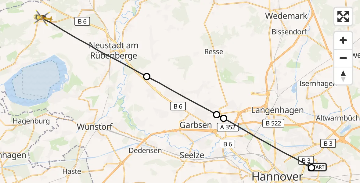 Flugroute Rettungshubschrauber Hannover Luftrettung Hubschrauberlandeplatz (Christoph 4) - Neustadt am Rübenberge, 13 Mai 2026, 07:52