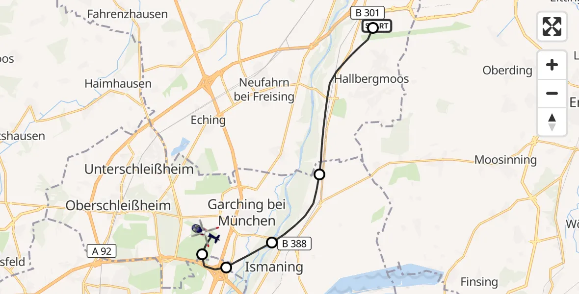 Flugroute Polizeihubschrauber München Flughafen - Garching b.München, 13 Mai 2026, 07:54