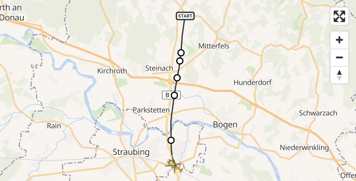 Flugroute Rettungshubschrauber Ascha - Straubing, 13 Mai 2026, 07:56