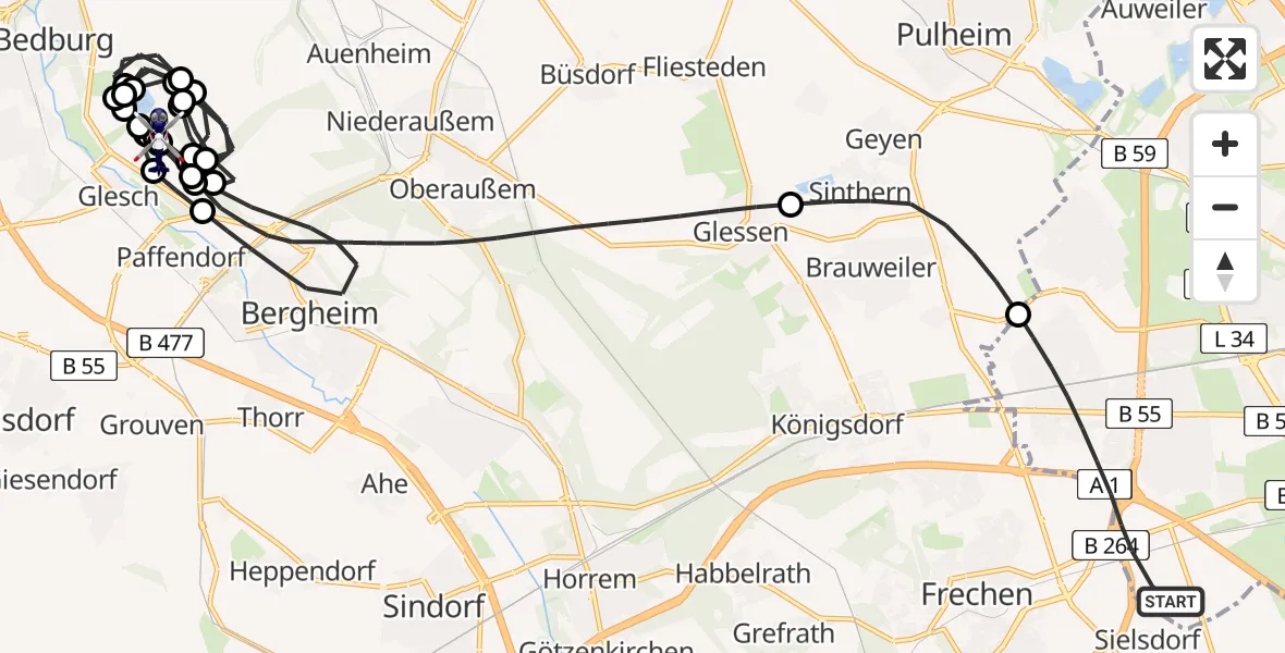 Flugroute Polizeihubschrauber Köln - Bergheim, 13 Mai 2026, 08:06