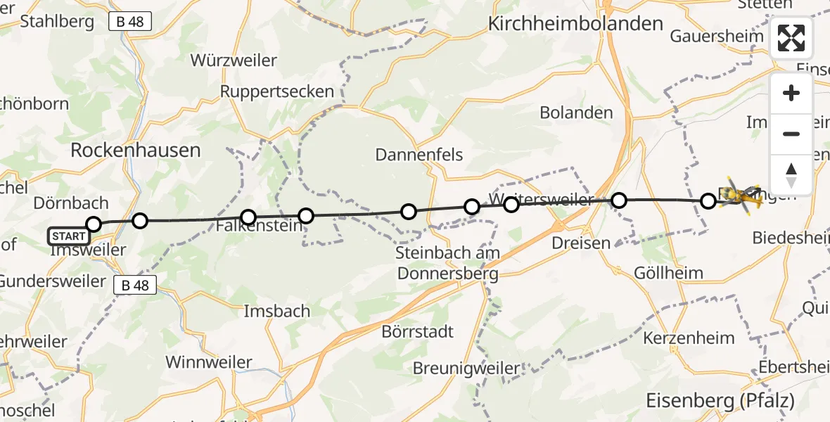 Flugroute Rettungshubschrauber Imsweiler UL - Rüssingen, 13 Mai 2026, 08:08