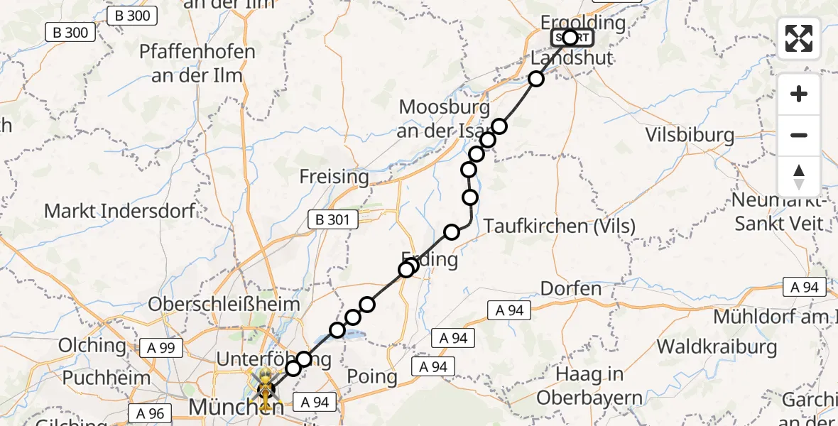 Flugroute Rettungshubschrauber Ergolding - München Bogenhausen Hospital, 13 Mai 2026, 08:12