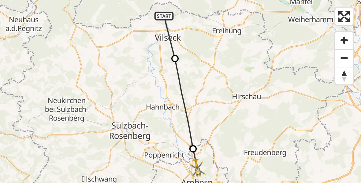 Flugroute Ambulanzhubschrauber Vilseck - Amberg, 13 Mai 2026, 08:15