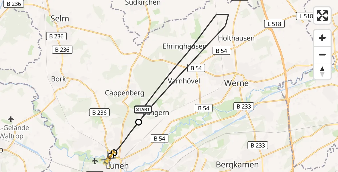 Flugroute Rettungshubschrauber Werne - Sankt Marien Hospital, 13 Mai 2026, 08:22