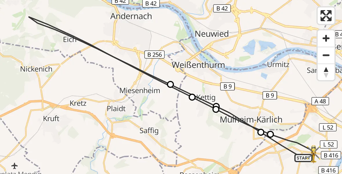 Flugroute Rettungshubschrauber Koblenz - Koblenz, 13 Mai 2026, 08:26
