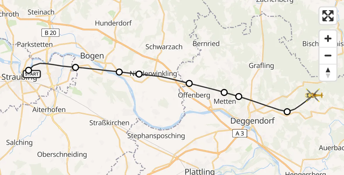 Flugroute Rettungshubschrauber Sankt Elisabeth Hospital Straubing - Schaufling, 13 Mai 2026, 08:30