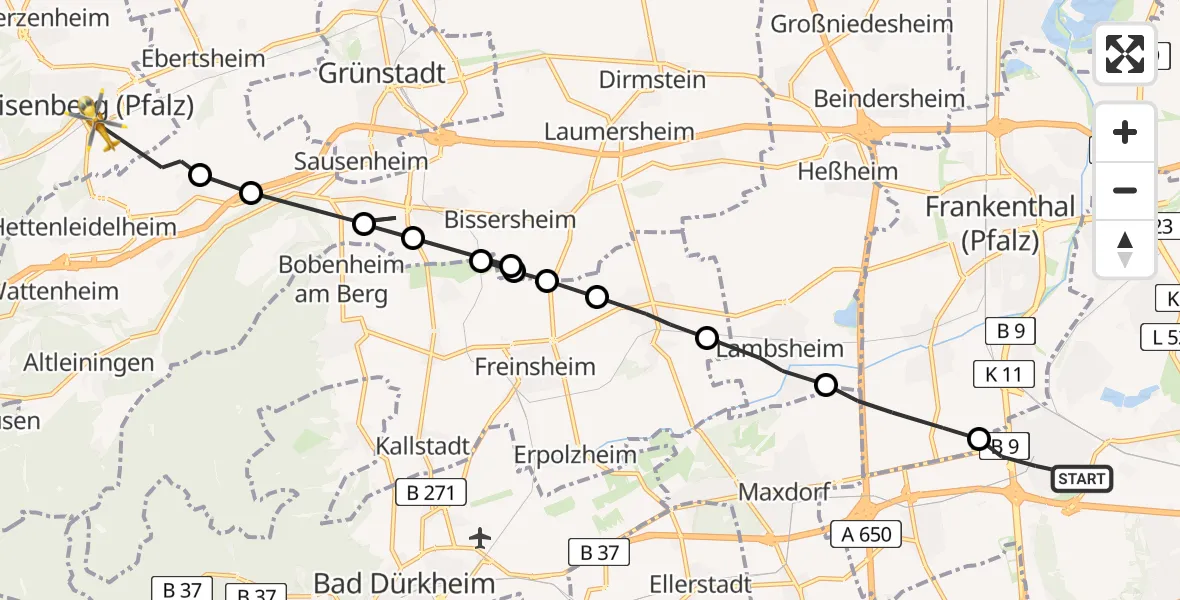 Flugroute Rettungshubschrauber Ludwigshafen am Rhein - Eisenberg (Pfalz), 13 Mai 2026, 08:31
