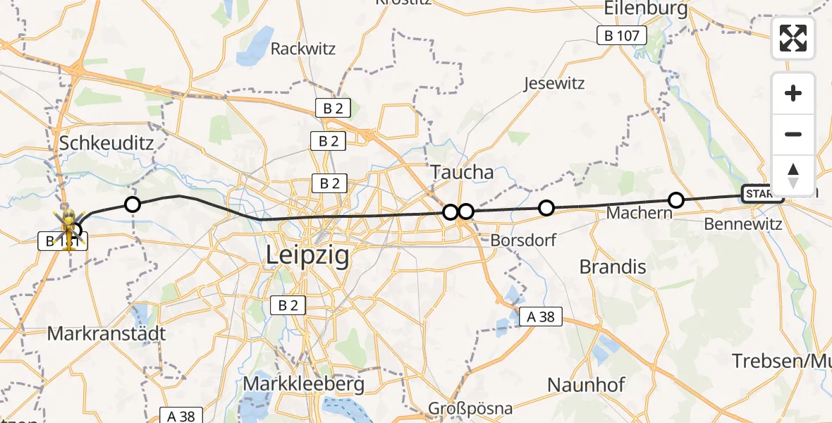 Flugroute Rettungshubschrauber Bennewitz - ADAC Air Rescue Station Leipzig/Schkeuditz-Dölzig Hubschrauberlandeplatz (Christoph 61), 13 Mai 2026, 08:34