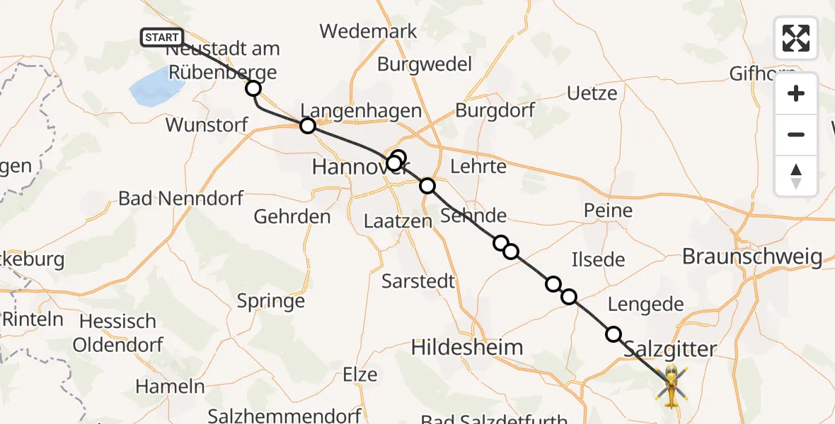 Flugroute Rettungshubschrauber Neustadt am Rübenberge - Salzgitter, 13 Mai 2026, 08:36