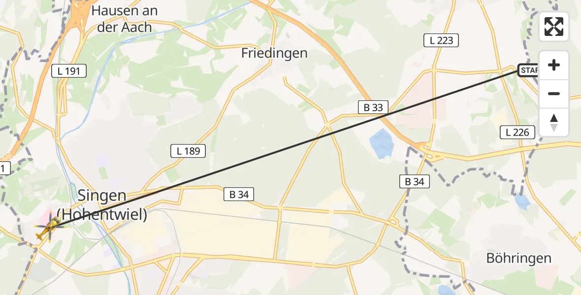 Flugroute Rettungshubschrauber Steißlingen - Singen (Hohentwiel), 13 Mai 2026, 08:36