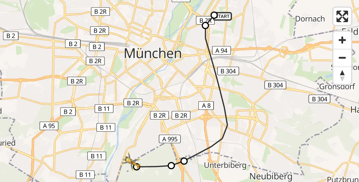 Flugroute Rettungshubschrauber München Bogenhausen Hospital - ADAC Air Rescue Center Hubschrauberlandeplatz (Christoph 1), 13 Mai 2026, 08:39