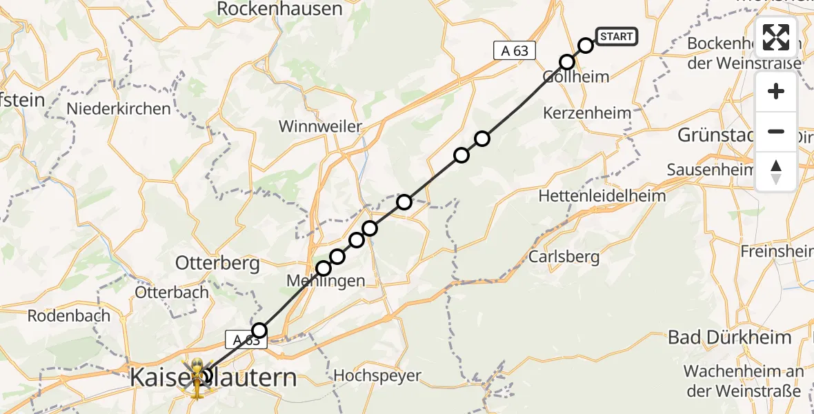 Flugroute Rettungshubschrauber Rüssingen - Westpfalz Hospital Kaiserslautern, 13 Mai 2026, 08:40