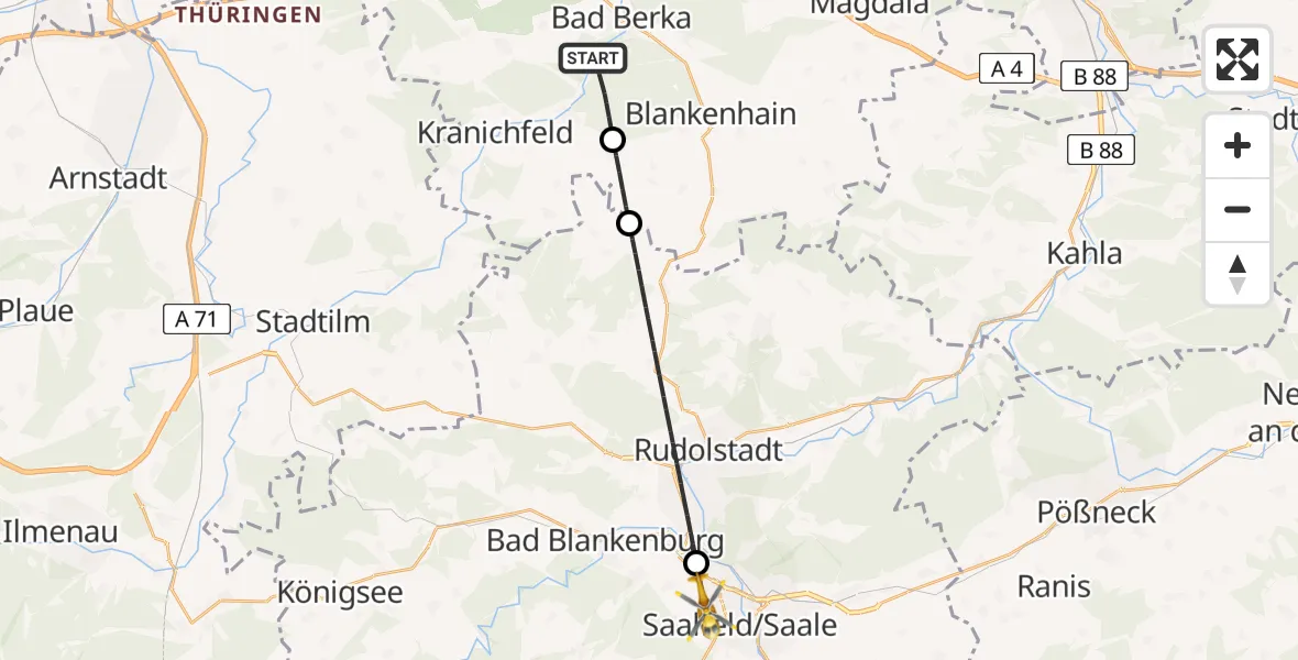 Flugroute Ambulanzhubschrauber Bad Berka - Saalfeld/Saale, 13 Mai 2026, 08:41
