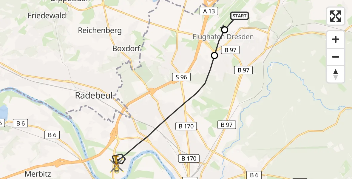 Flugroute Rettungshubschrauber Dresden Bundespolizei Hubschrauberlandeplatz - Dresden, 13 Mai 2026, 08:42