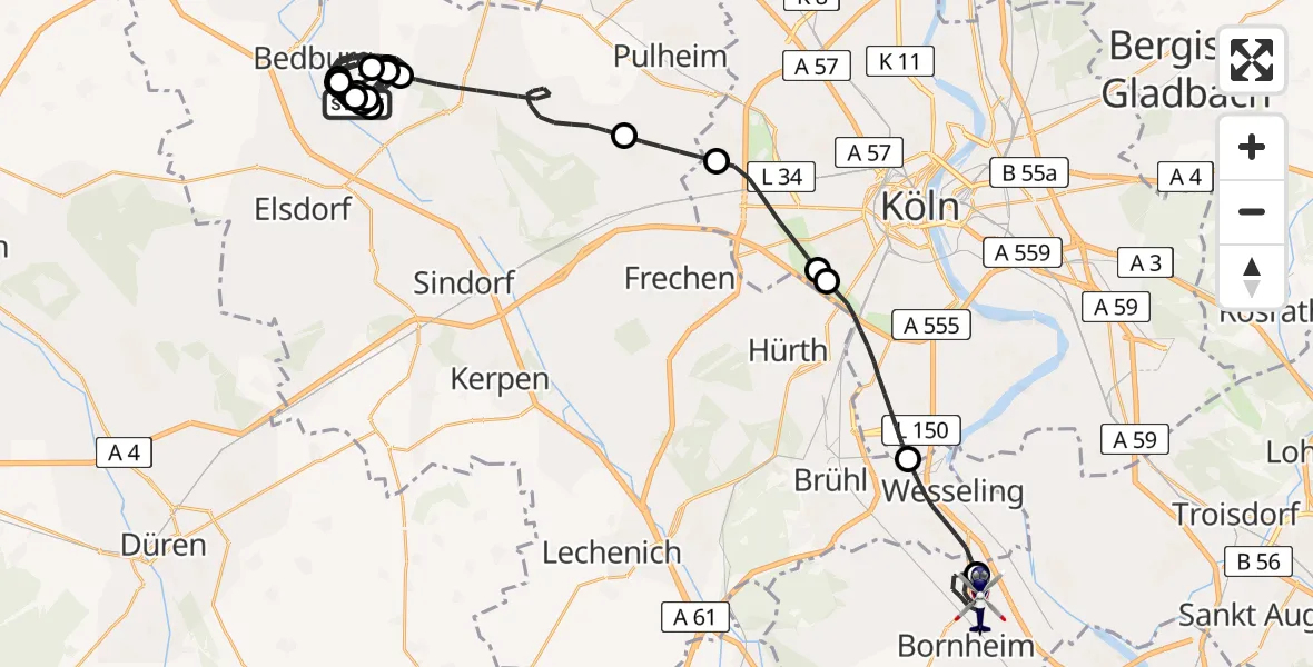 Flugroute Polizeihubschrauber Bergheim Flugplatz - Bornheim, 13 Mai 2026, 08:43