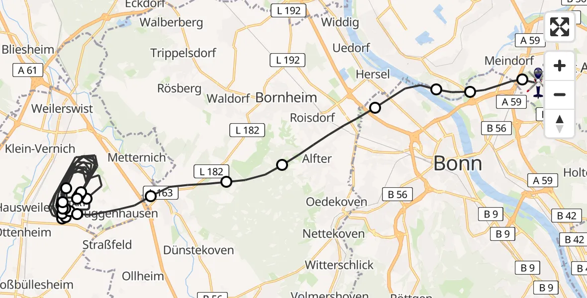 Flugroute Polizeihubschrauber Weilerswist UL - Sankt Augustin, 13 Mai 2026, 08:44