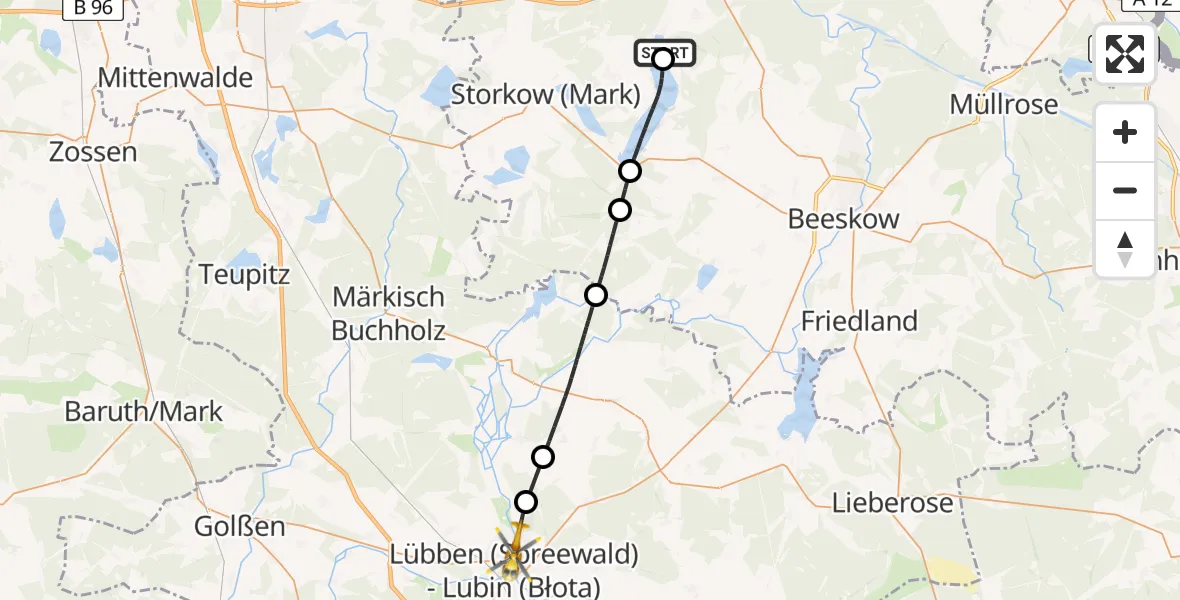 Flugroute Rettungshubschrauber Bad Saarow Hospital - Lübben (Spreewald), 13 Mai 2026, 08:44