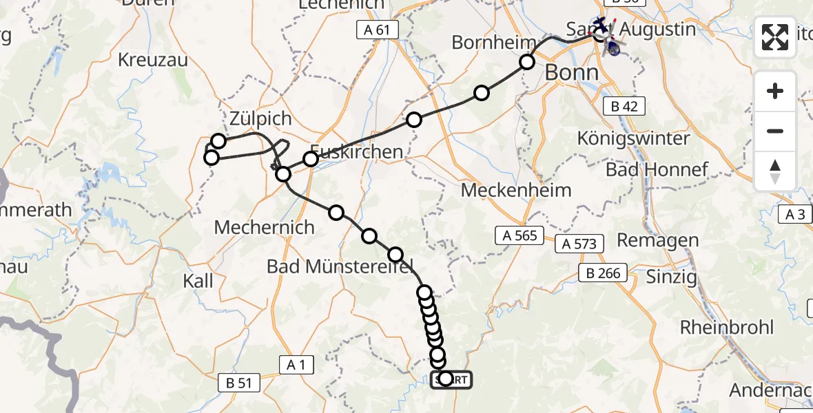 Flugroute Polizeihubschrauber Insul - Sankt Augustin, 13 Mai 2026, 08:56