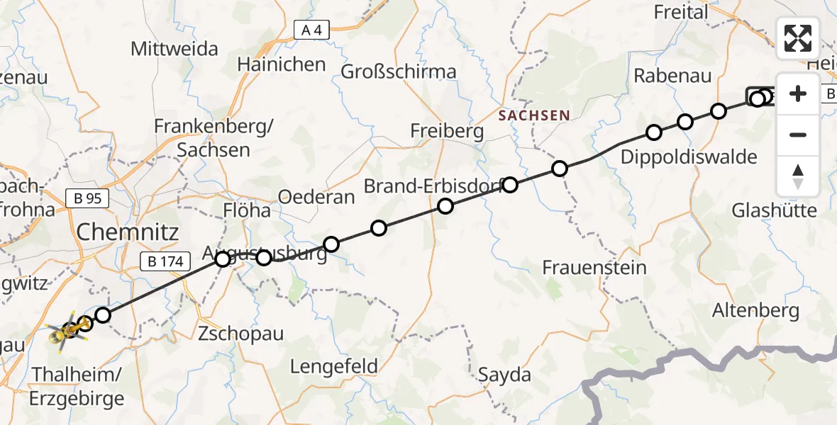 Flugroute Rettungshubschrauber Bavaria Hospital Kreischa - Chemnitz/Jahnsdorf Flugplatz, 13 Mai 2026, 08:57