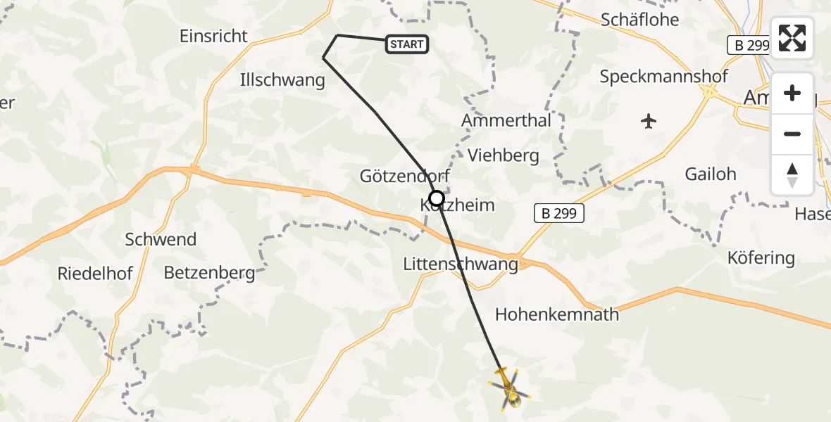 Flugroute Ambulanzhubschrauber Illschwang - Ursensollen, 13 Mai 2026, 08:59