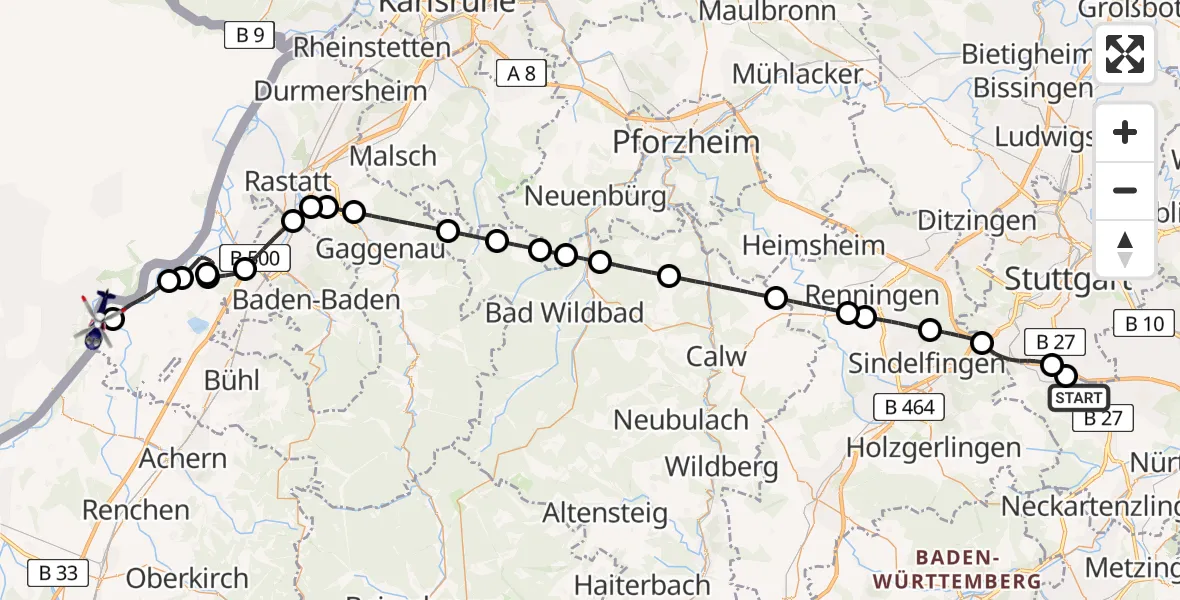 Flugroute Polizeihubschrauber Flughafen Stuttgart - Lichtenau, 13 Mai 2026, 08:59