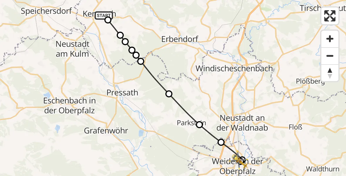 Flugroute Rettungshubschrauber Nordoberpfalz Hospital Kemnath - Weiden Hospital, 13 Mai 2026, 09:03
