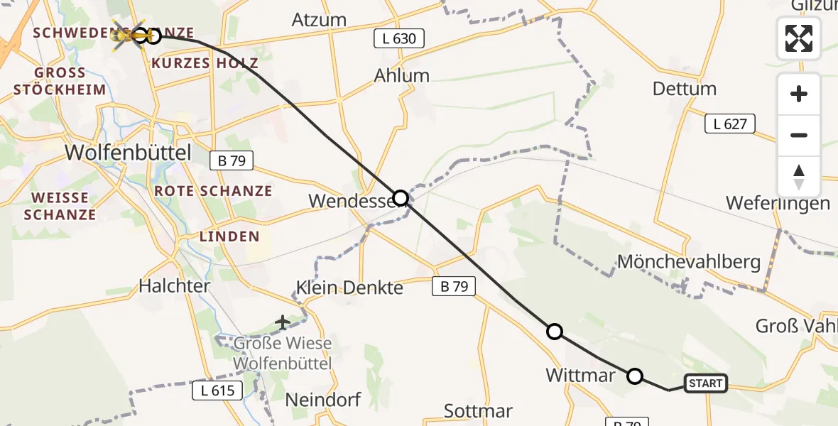 Flugroute Rettungshubschrauber Remlingen-Semmenstedt - Wolfenbüttel Municipal Hospital Heliport (Christoph 30), 13 Mai 2026, 09:06