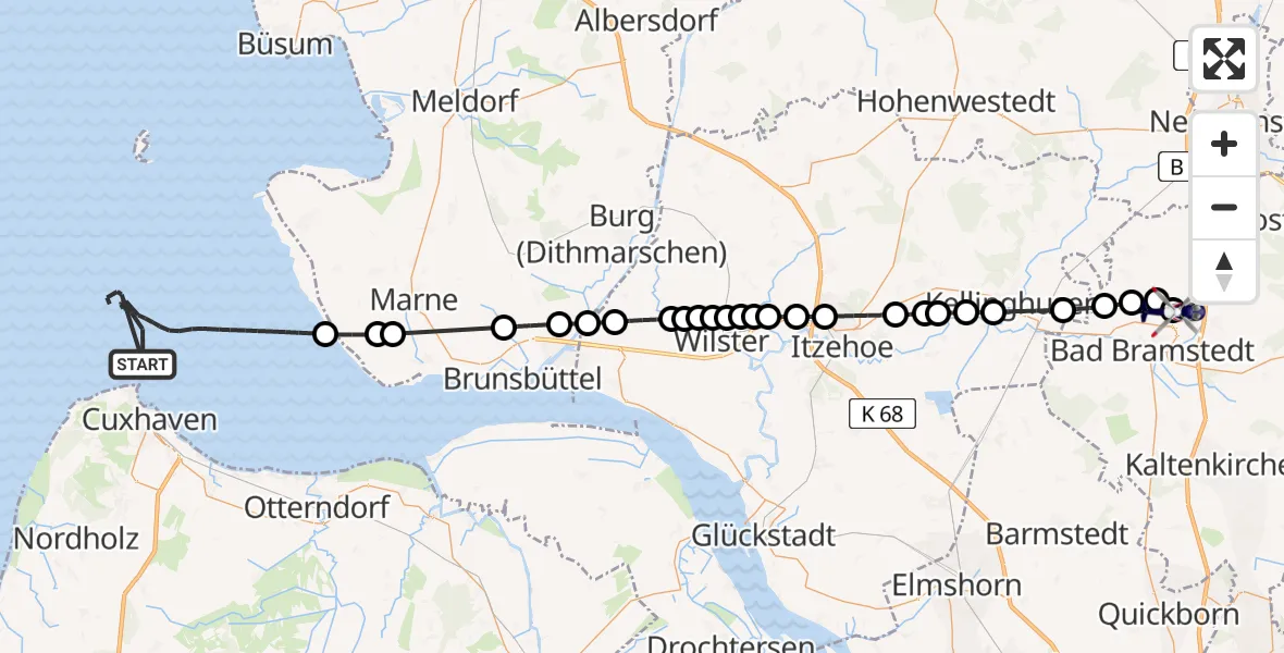Flugroute Polizeihubschrauber Cuxhaven - Bad Bramstedt Hubschrauberlandeplatz, 13 Mai 2026, 09:09