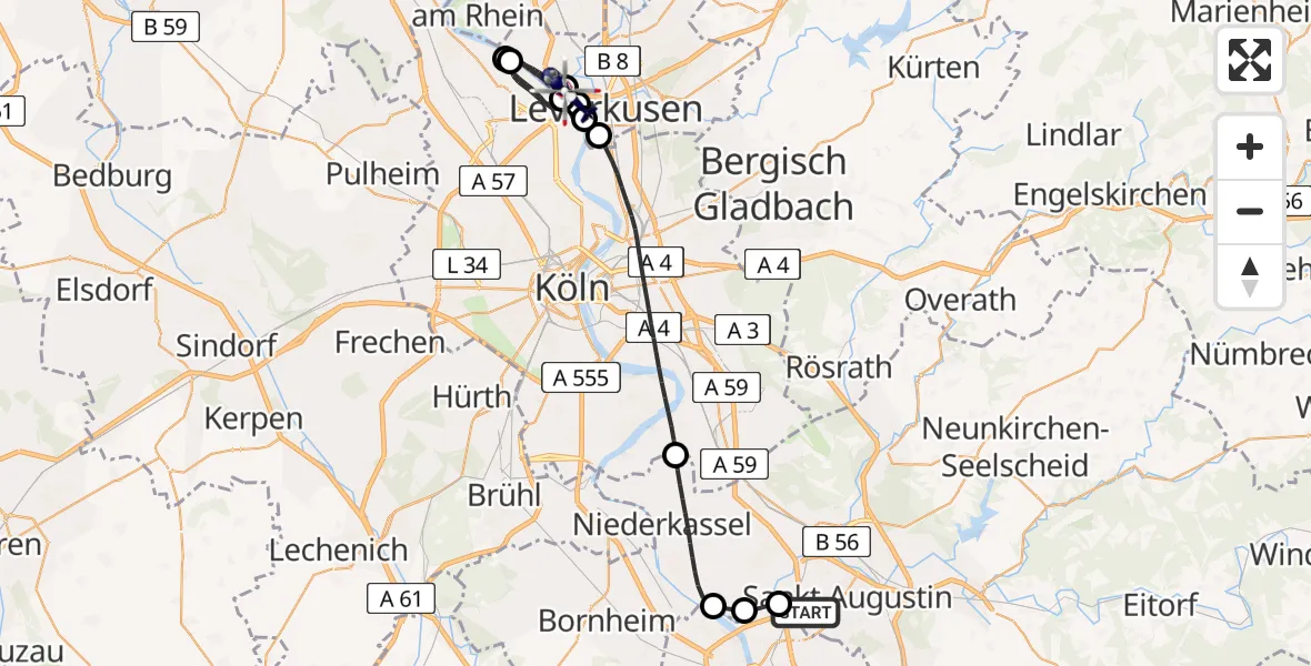 Flugroute Polizeihubschrauber Sankt Augustin - Leverkusen, 13 Mai 2026, 09:10