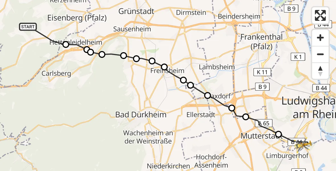 Flugroute Rettungshubschrauber Eisenberg (Pfalz) - Ludwigshafen am Rhein, 13 Mai 2026, 09:10