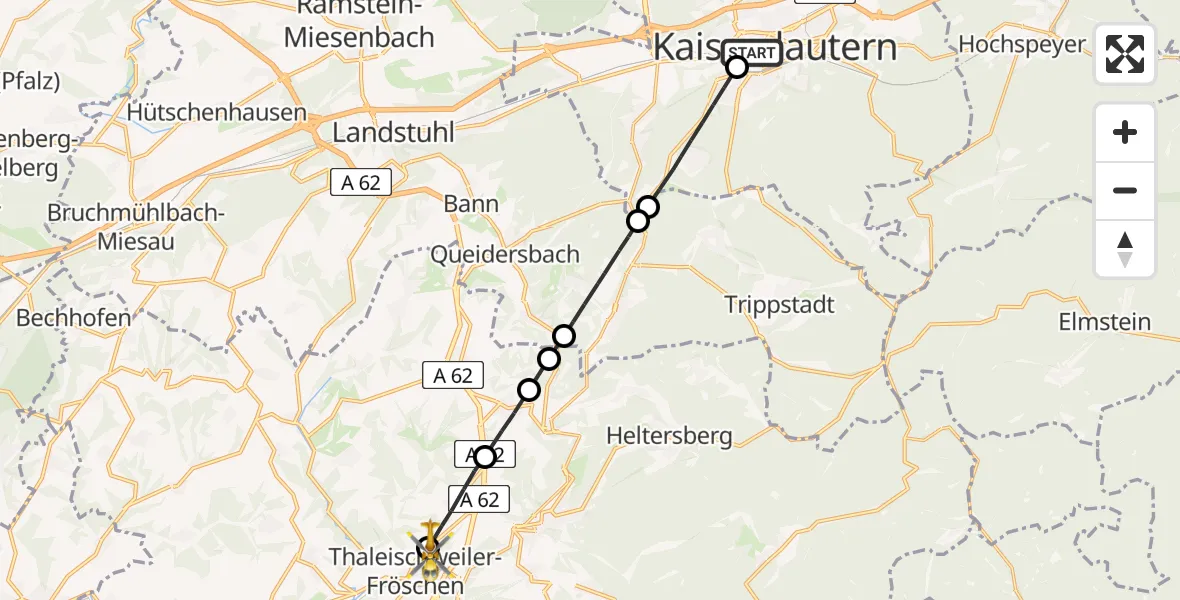 Flugroute Rettungshubschrauber Westpfalz Hospital Kaiserslautern - Thaleischweiler-Fröschen, 13 Mai 2026, 09:12