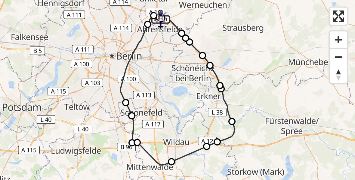 Flugroute Polizeihubschrauber Ahrensfelde Hubschrauberlandeplatz - Ahrensfelde Hubschrauberlandeplatz, 13 Mai 2026, 09:16