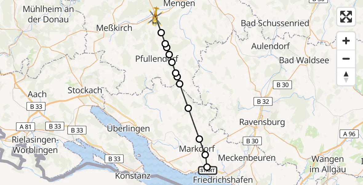 Flugroute Rettungshubschrauber Friedrichshafen Hospital - Krauchenwies, 13 Mai 2026, 09:17