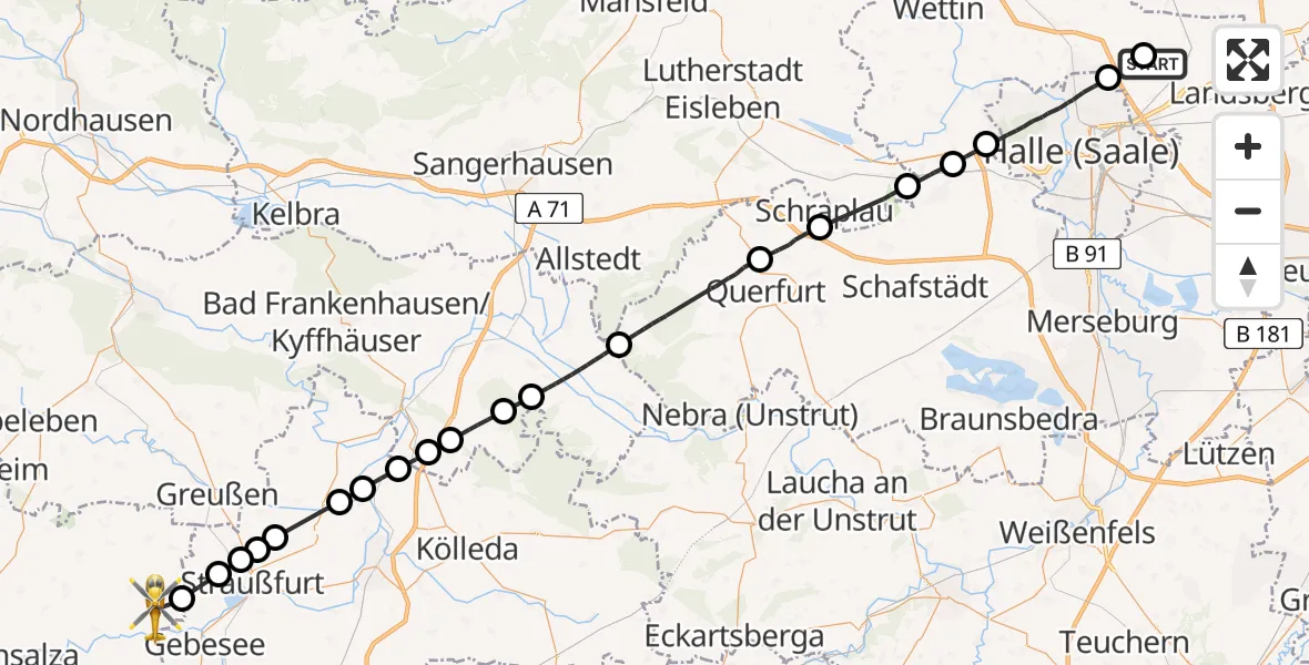 Flugroute Rettungshubschrauber Halle-Oppin Flugplatz - Ballhausen, 13 Mai 2026, 09:18
