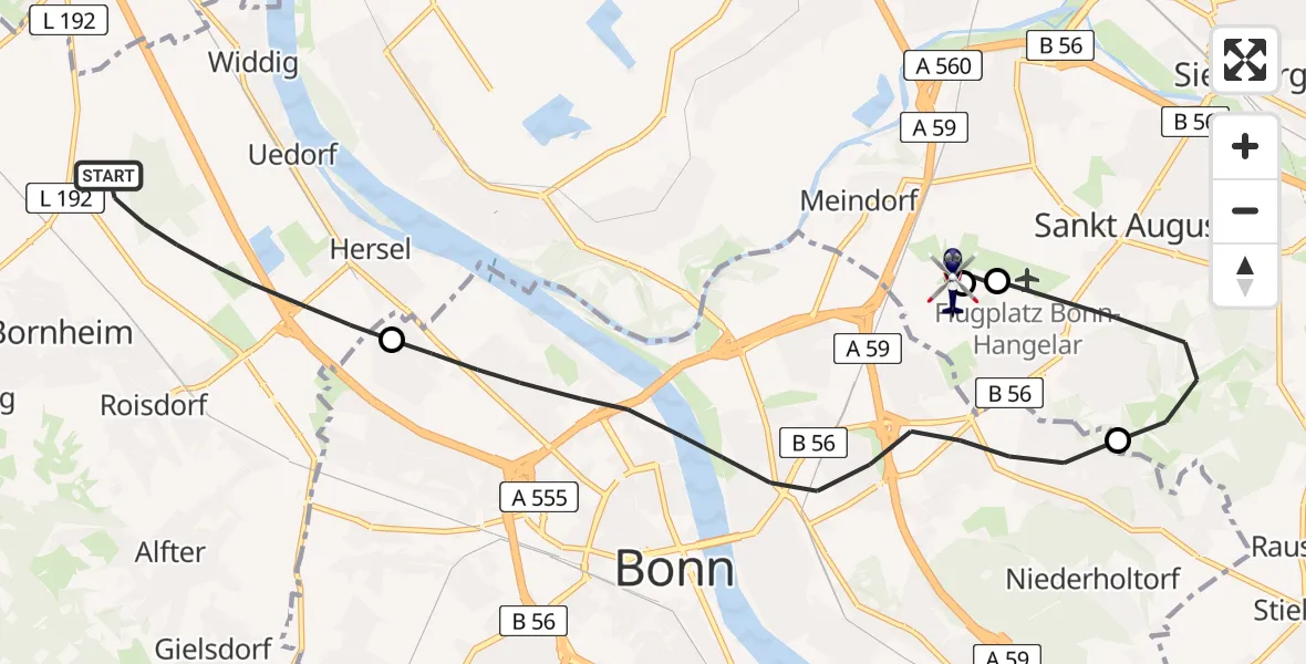 Flugroute Polizeihubschrauber Bornheim - Sankt Augustin, 13 Mai 2026, 09:22
