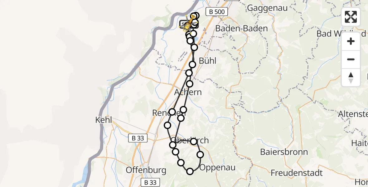 Flugroute Ambulanzhubschrauber Karlsruhe Baden-Baden Flughafen - Karlsruhe Baden-Baden Flughafen, 13 Mai 2026, 09:23