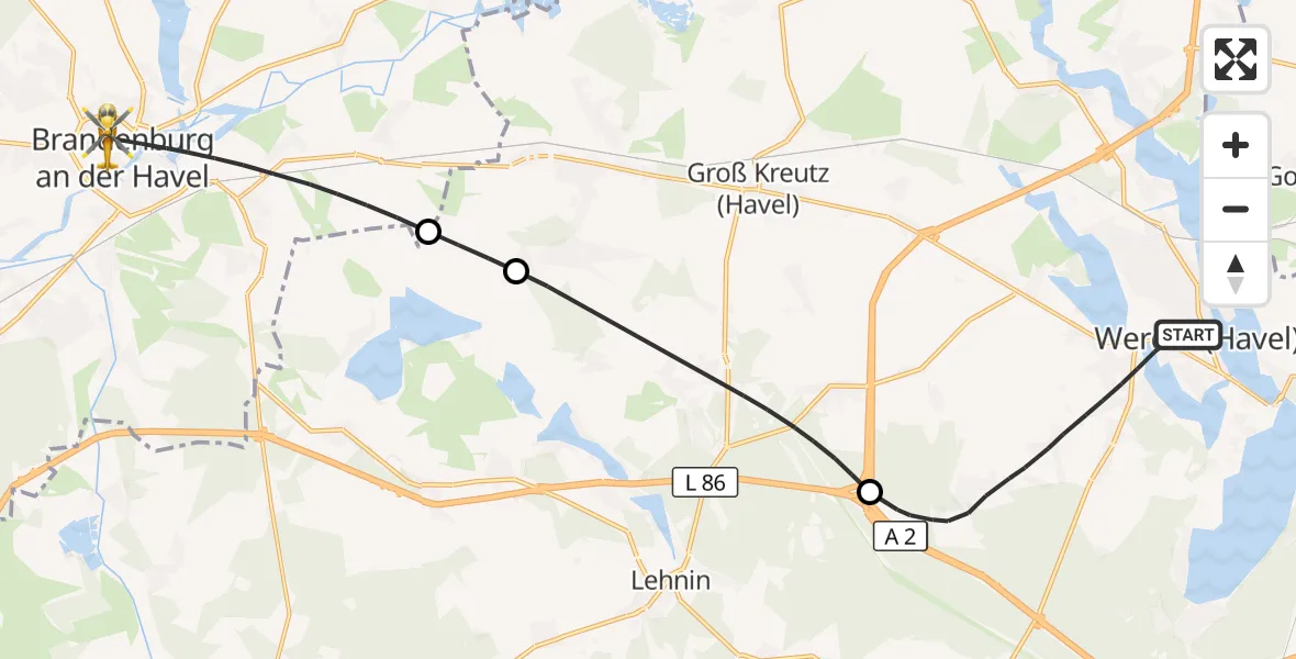 Flugroute Rettungshubschrauber Werder (Havel) - Brandenburg an der Havel, 13 Mai 2026, 09:23