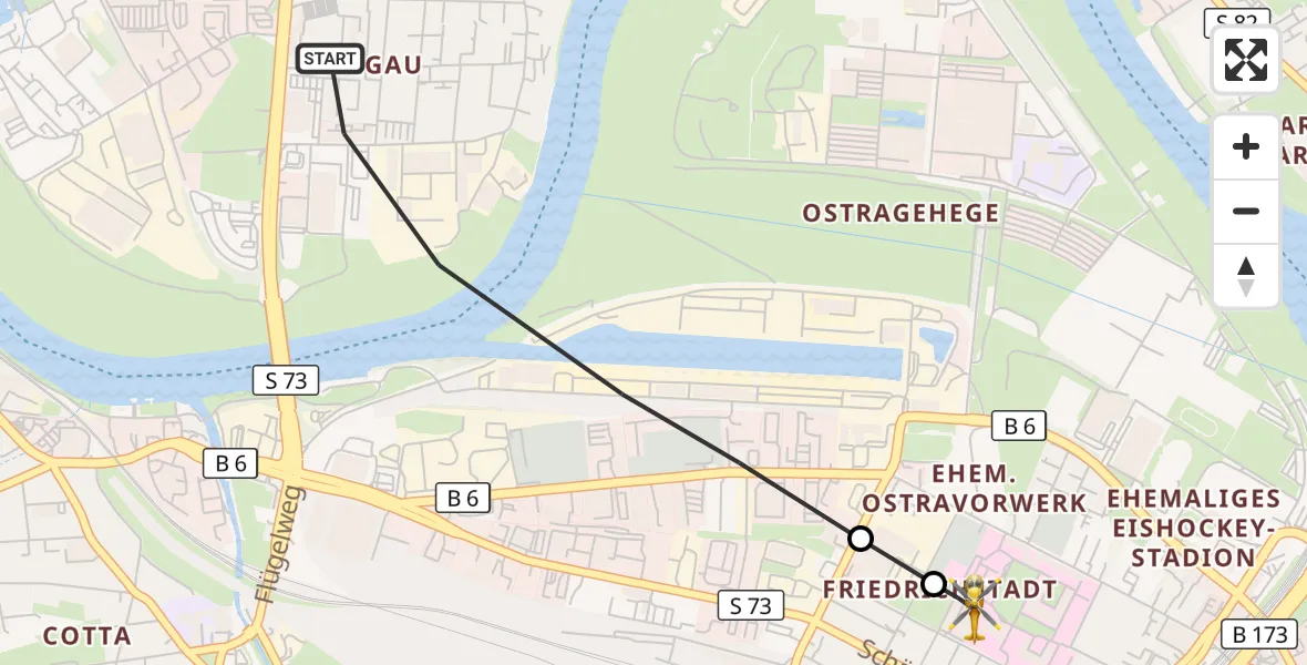 Flugroute Rettungshubschrauber Dresden - Dresden Friedrichstadt Hospital, 13 Mai 2026, 09:25